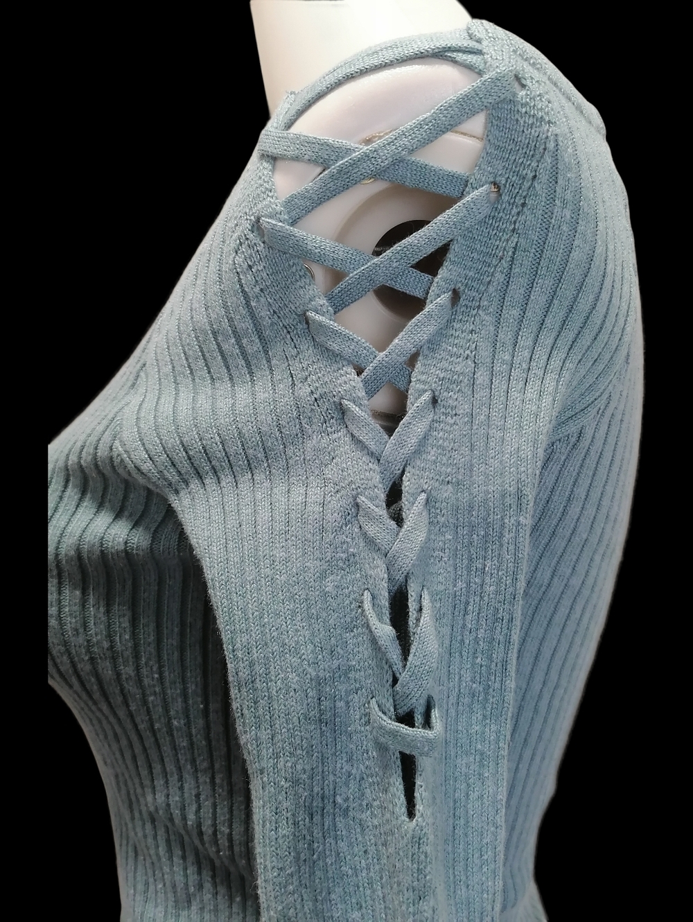 🔵🔵🔵 Off-Shoulder Ribbed Long-Sleeve Sweater - Light Blue - Picture 3 of 5